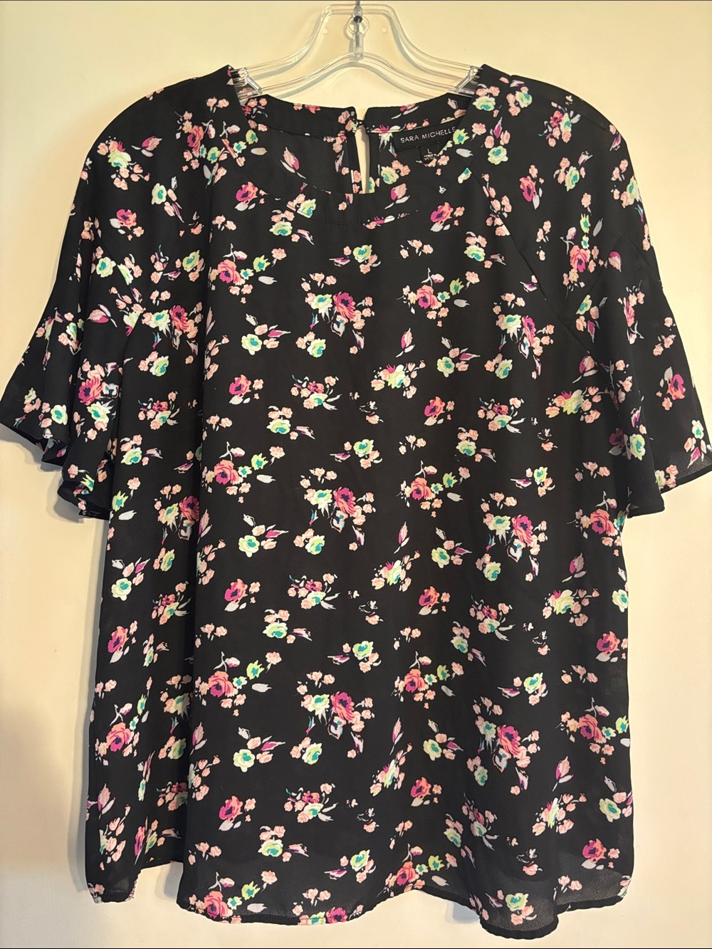 Sara Michelle Black Floral Flutter-Sleeve Tunic